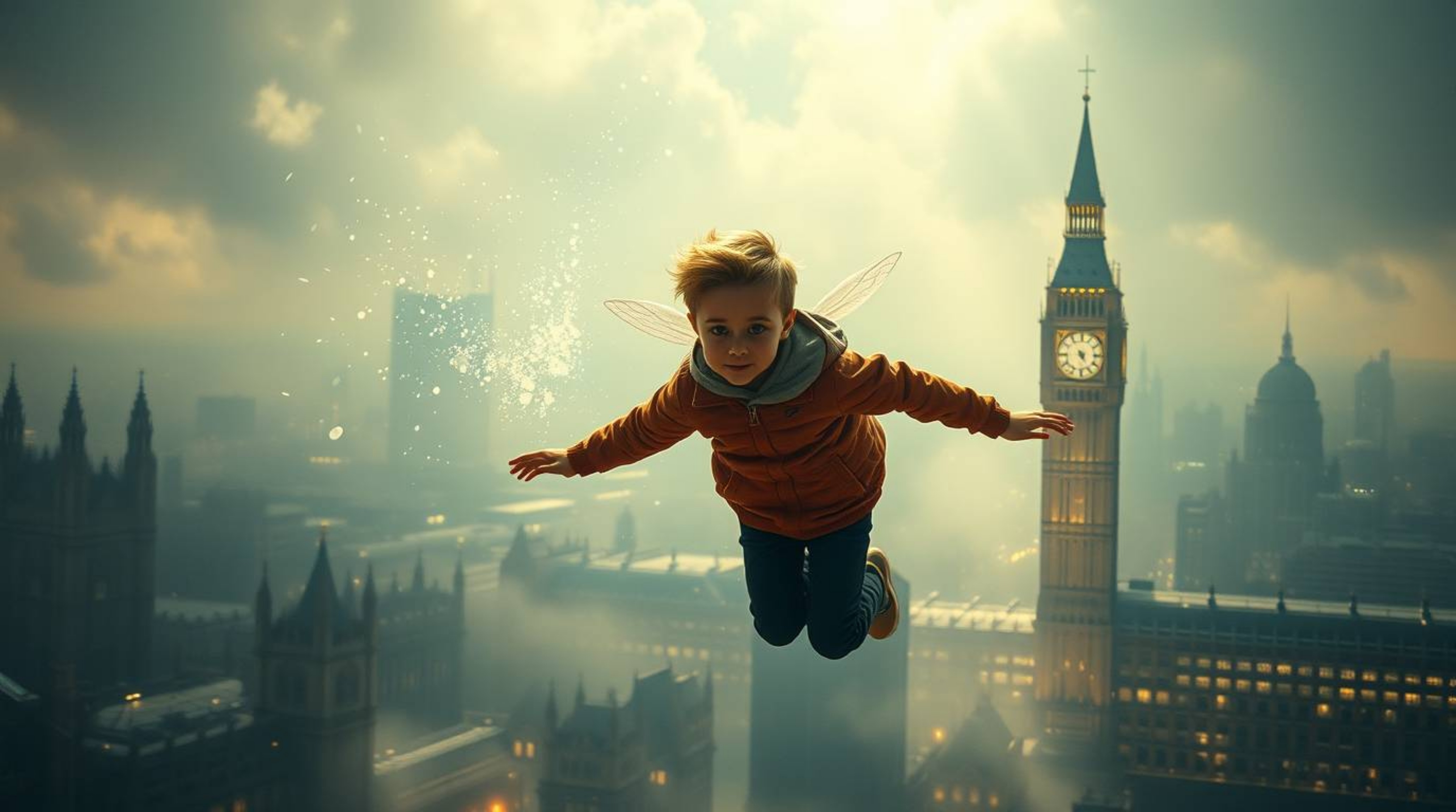A stunning image depicting a young boy soaring above London with the aid of pixie dust. The scene is bathed in volumetric lig