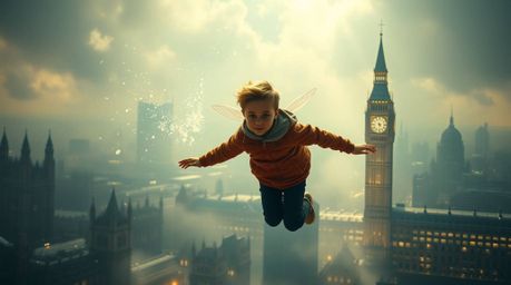 A stunning image depicting a young boy soaring above London with the aid of pixie dust. The scene is bathed in volumetric lig