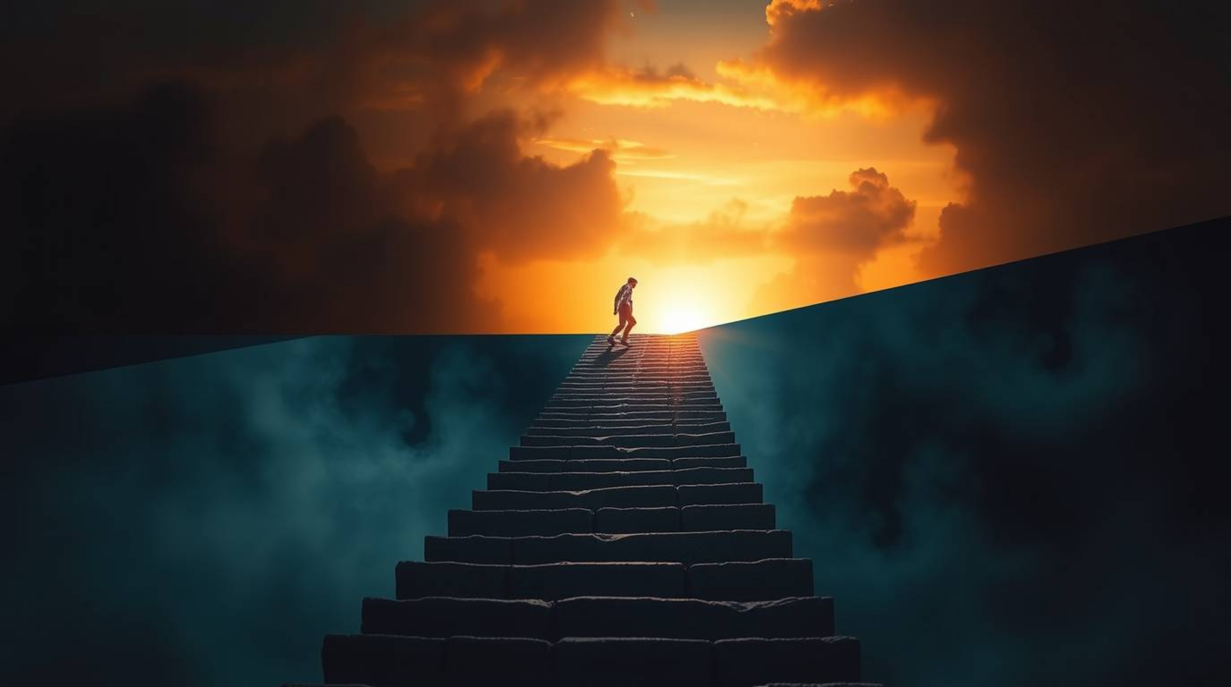 A captivating split image showcases a lone figure climbing a stone staircase bathed in dramatic lighting, leading towards a d
