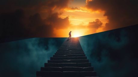 A captivating split image showcases a lone figure climbing a stone staircase bathed in dramatic lighting, leading towards a d