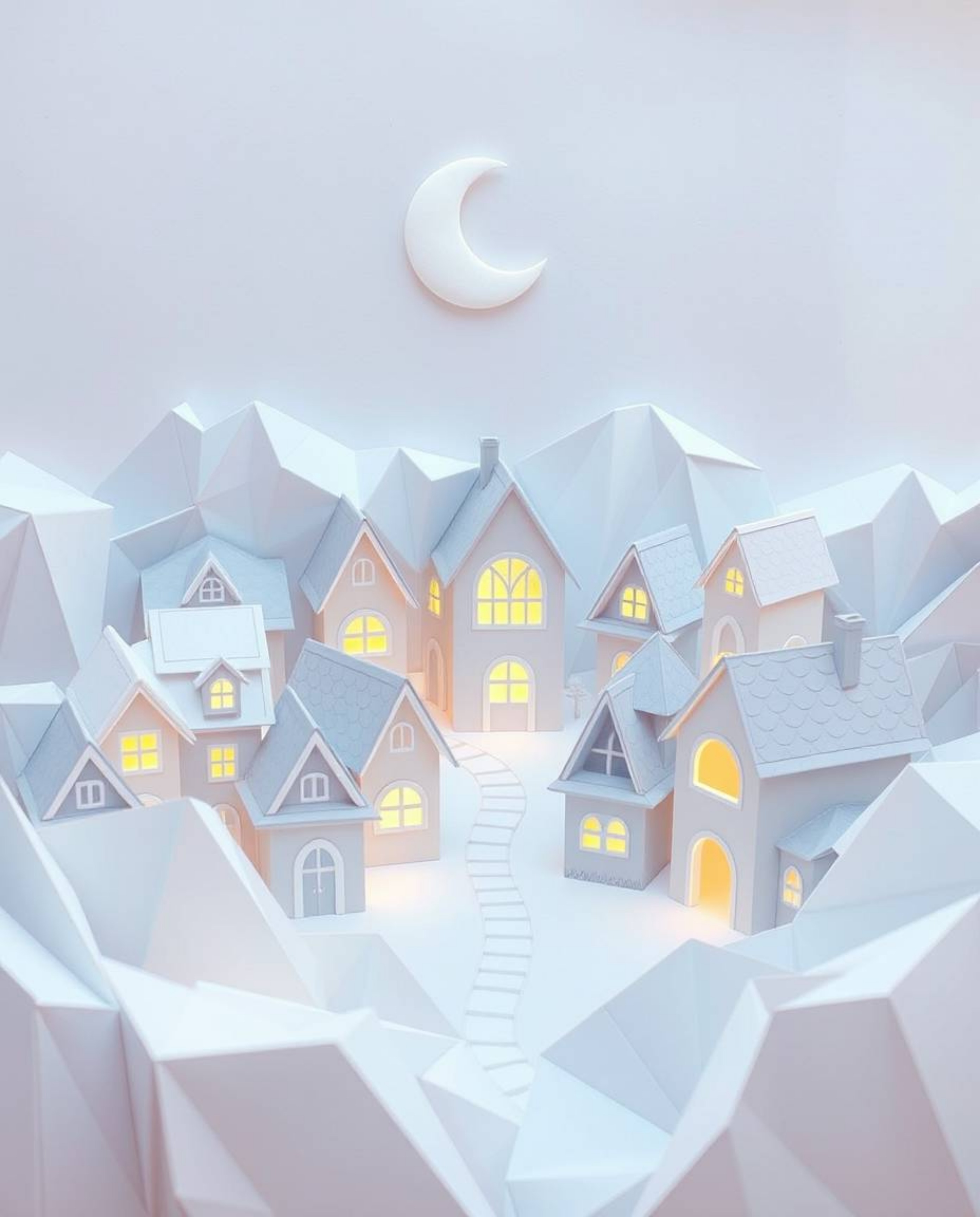 This artwork features an intricate origami style illustration depicting a sleepy town with pastel-colored houses rendered in 