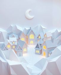 This artwork features an intricate origami style illustration depicting a sleepy town with pastel-colored houses rendered in 
