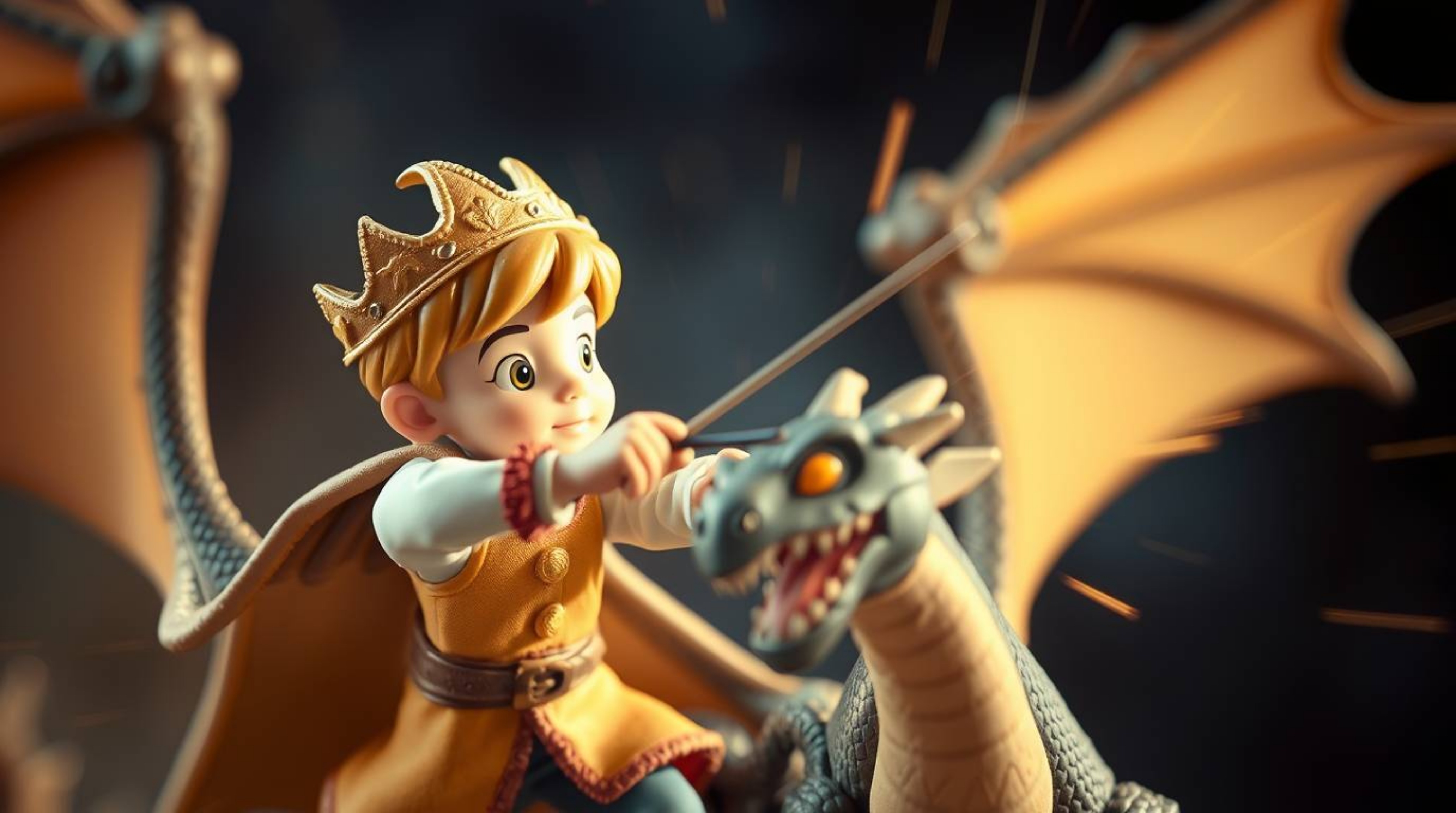 An extreme macro close-up photograph, reminiscent of 1950s animation, depicts a charming miniature prince battling a dragon. 