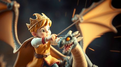 An extreme macro close-up photograph, reminiscent of 1950s animation, depicts a charming miniature prince battling a dragon. 