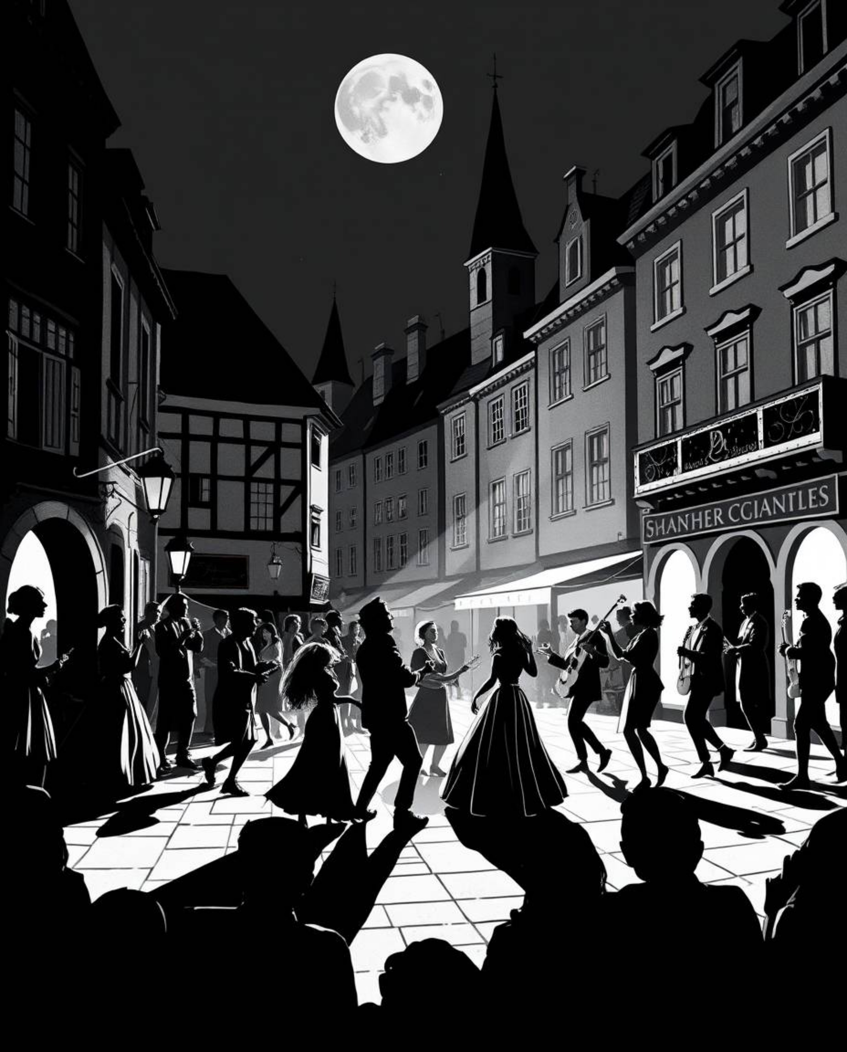 A classic black and white illustration depicting a vibrant musical number taking place in a bright town square. The artwork u