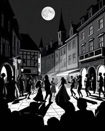 A classic black and white illustration depicting a vibrant musical number taking place in a bright town square. The artwork u