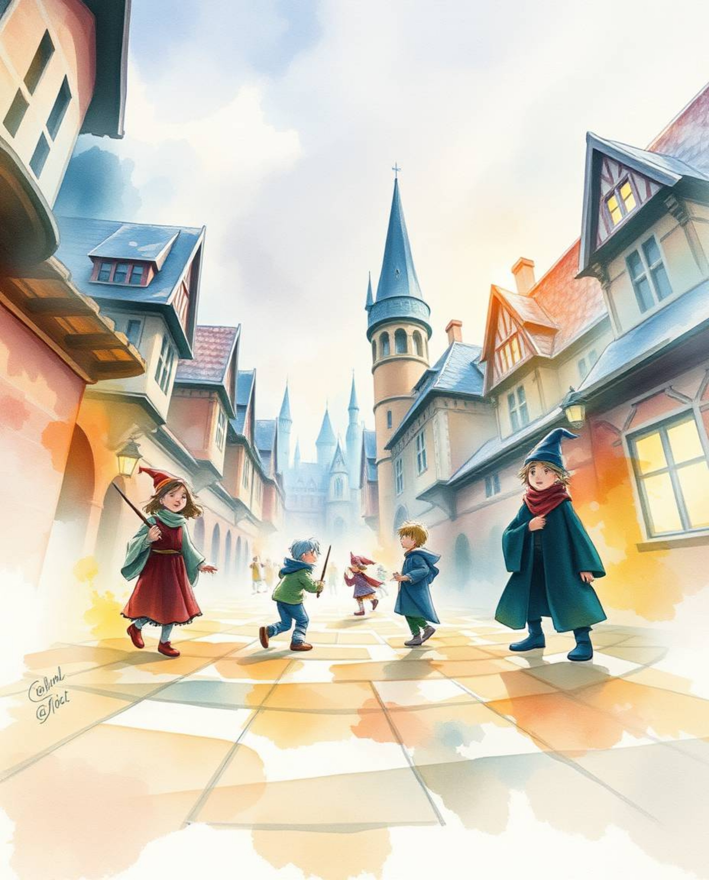 This captivating watercolor painting depicts a magical school brimming with youthful wizards. The low-angle perspective enhan