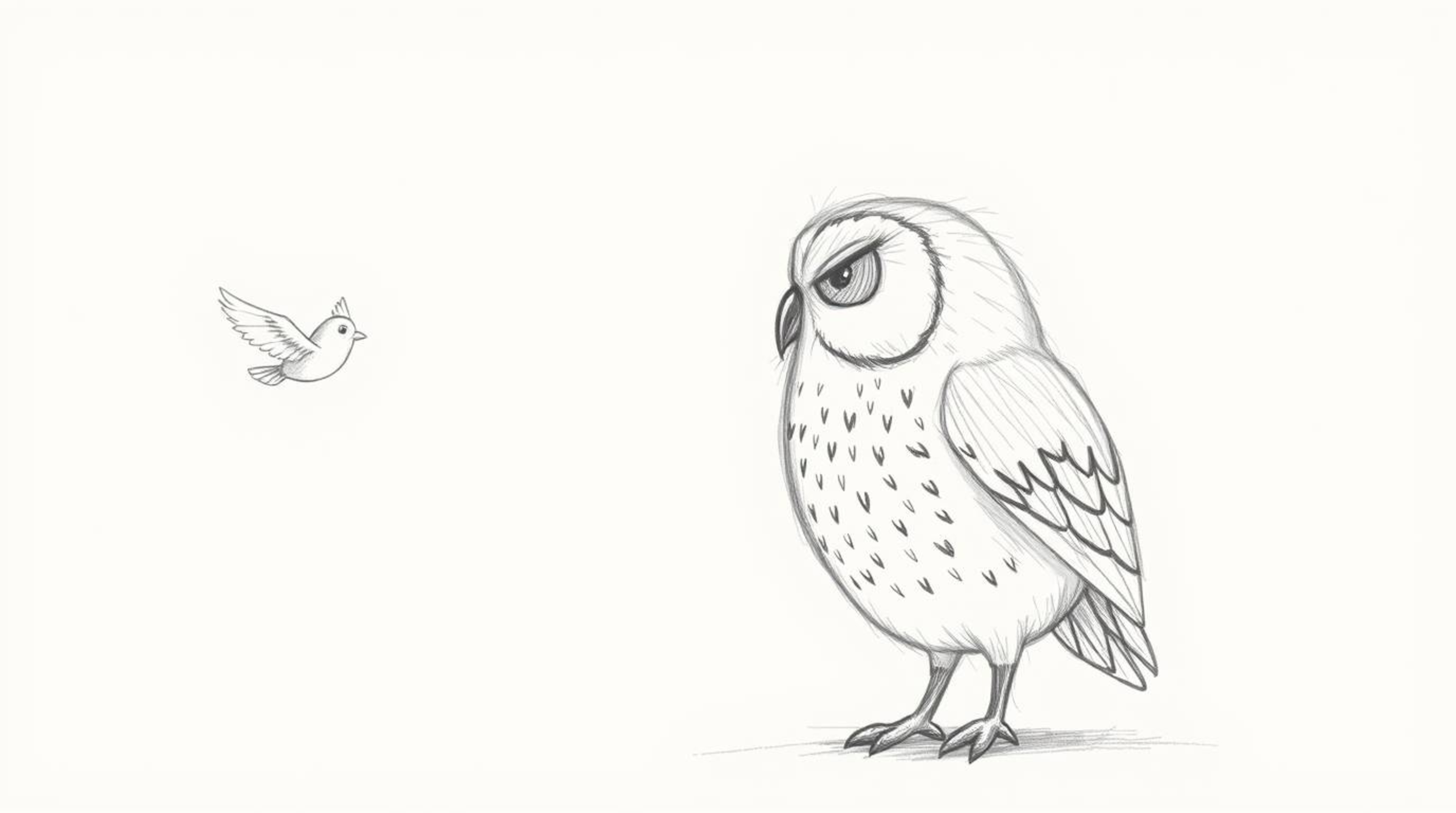 A hand-drawn pencil sketch in the style of Pixar animation depicts a blind owl, its head slightly turned and attentive, liste