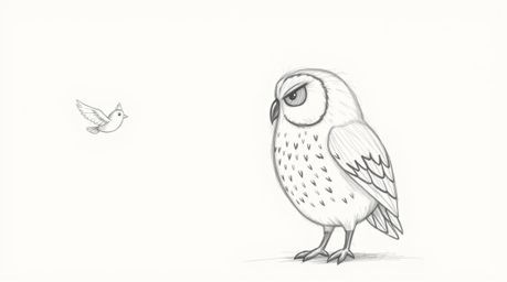 A hand-drawn pencil sketch in the style of Pixar animation depicts a blind owl, its head slightly turned and attentive, liste