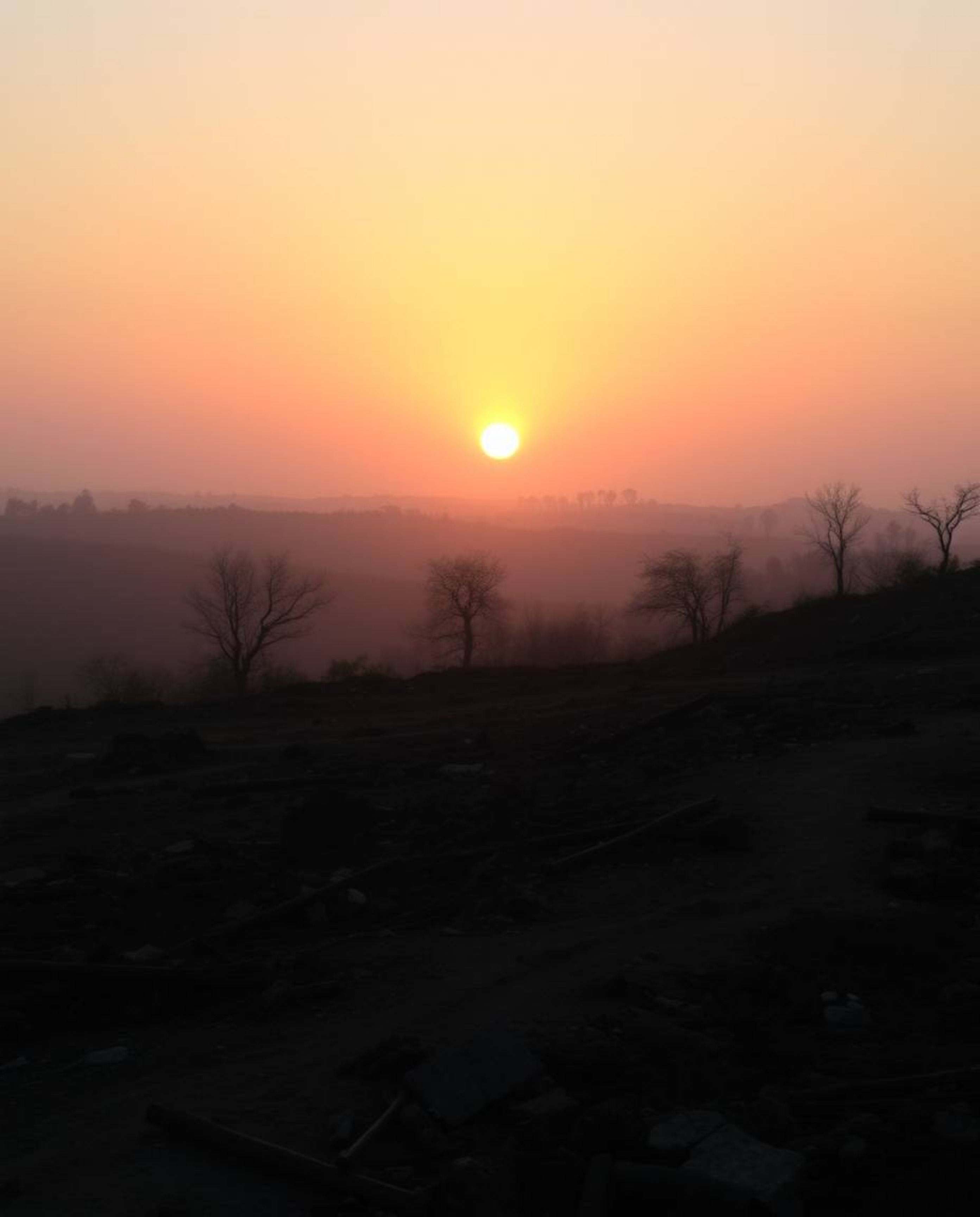 Capture the ethereal beauty of a sunrise over a war-torn landscape. This image showcases gentle, soft, iridescent light with 