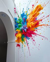 This image showcases a precise architectural color photograph of a vibrant explosion of colorful paint splashes on a clean wh
