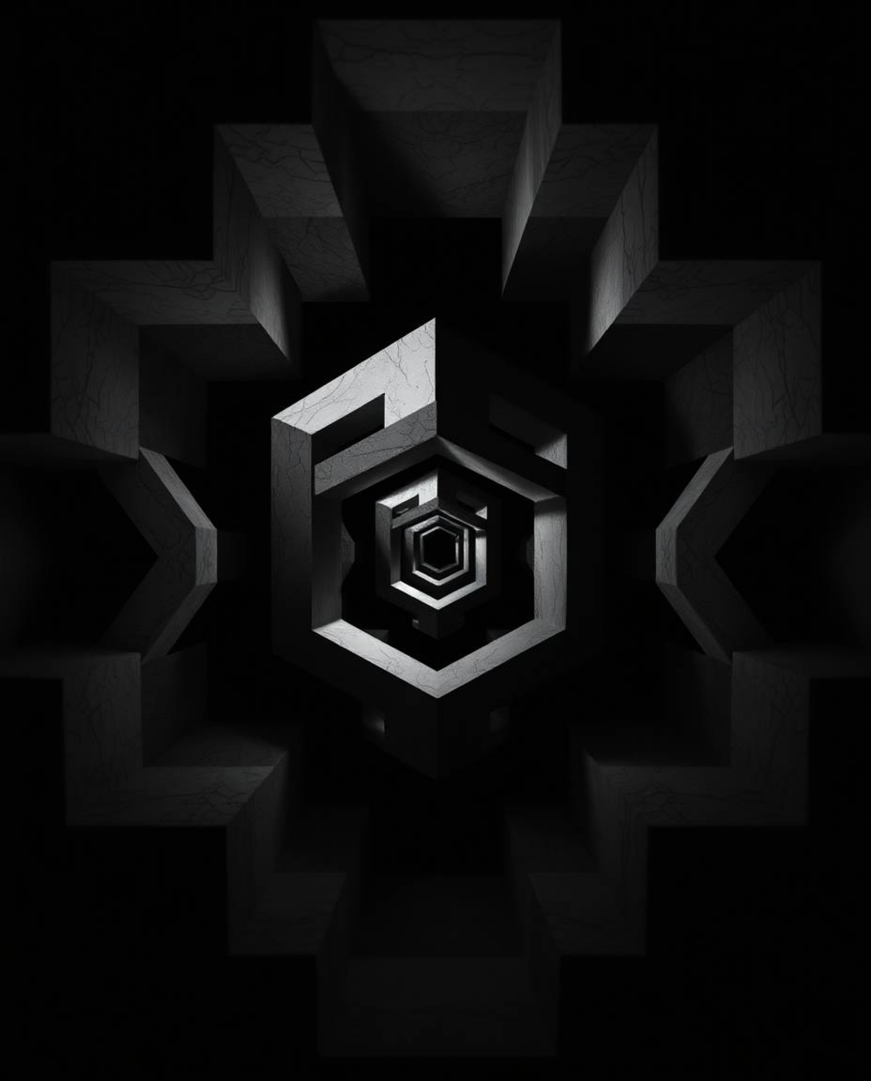 This image features a strong, moody style characterized by strong, hard light that illuminates a repetitive Escher-style impo