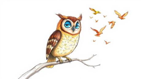 A heartwarming hand-drawn sketch in the style of Pixar, depicting a blind owl with expressive features patiently guiding a fl