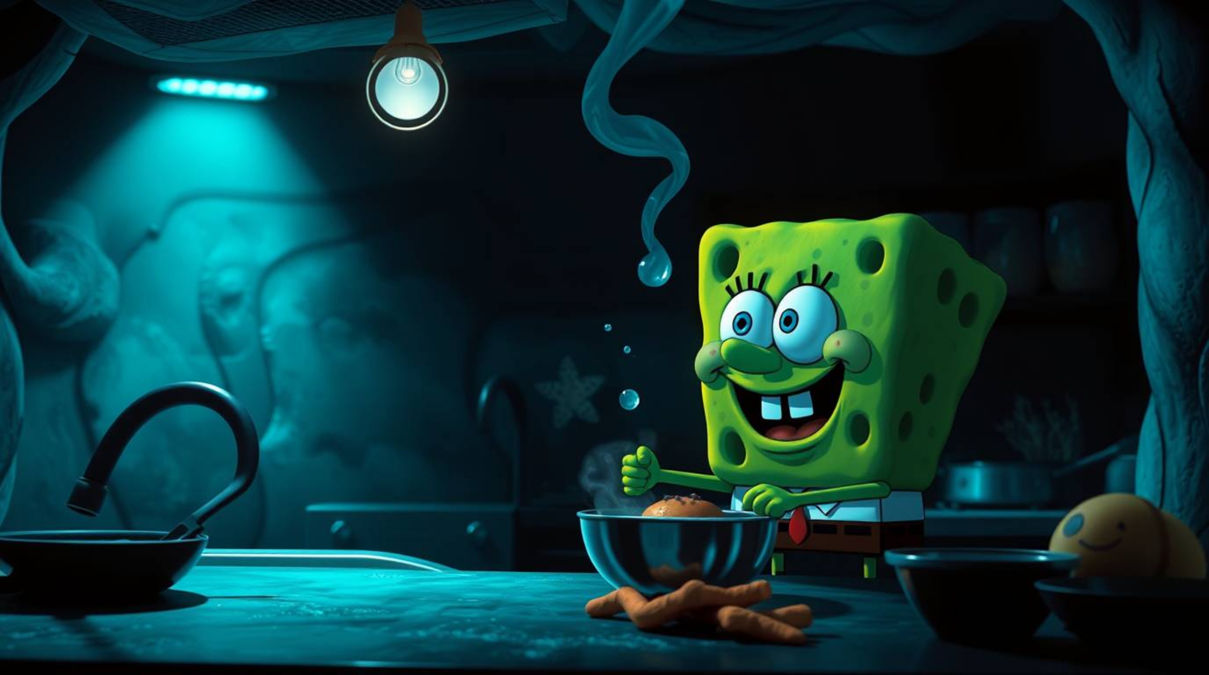 Experience a unique and vibrant underwater kitchen scene featuring a sponge character immersed in the art of cooking. Bathed 
