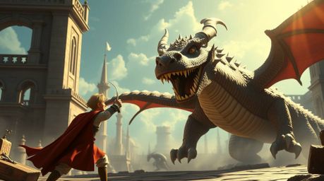 An epic scene unfolds, reminiscent of a 1950s animation, showcasing a charming prince bravely battling a formidable dragon. B
