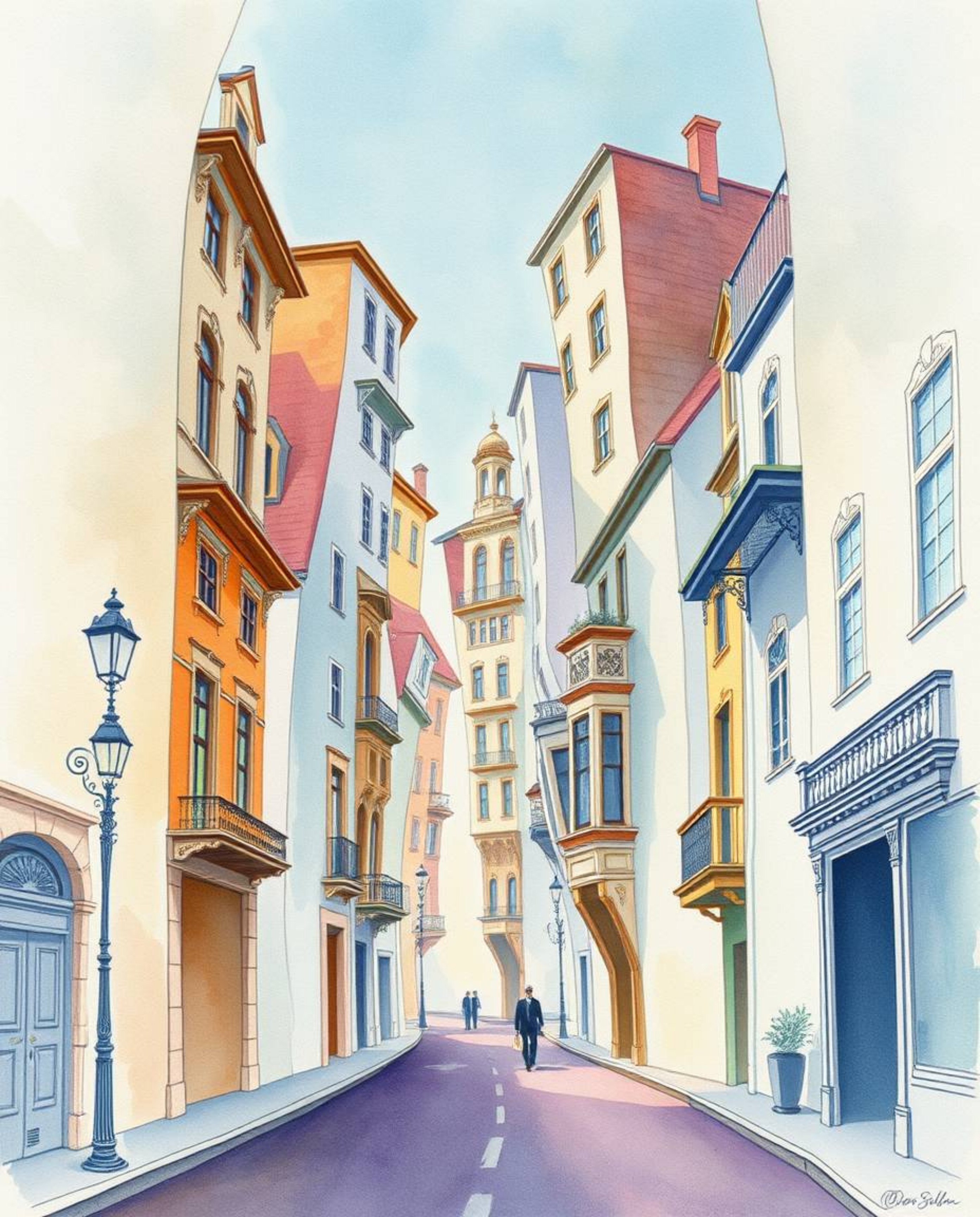 Discover a captivating surreal street scene rendered in a delicate watercolor style.  Folding and twisting buildings create a