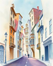 Discover a captivating surreal street scene rendered in a delicate watercolor style.  Folding and twisting buildings create a