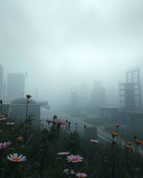 Explore a surreal post-apocalyptic cityscape where vibrant flowers bloom amidst the thick fog and low visibility. This image 