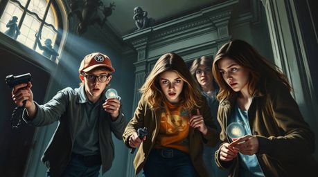 Immerse yourself in a classic oil painting depicting a dynamic scene of teenagers solving mysteries within a haunted mansion.