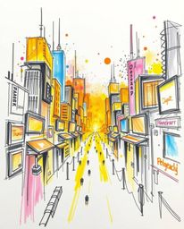 A hand-drawn sketch showcasing vibrant neon splashes within a futuristic cyberpunk cityscape, bathed in a warm golden glow th