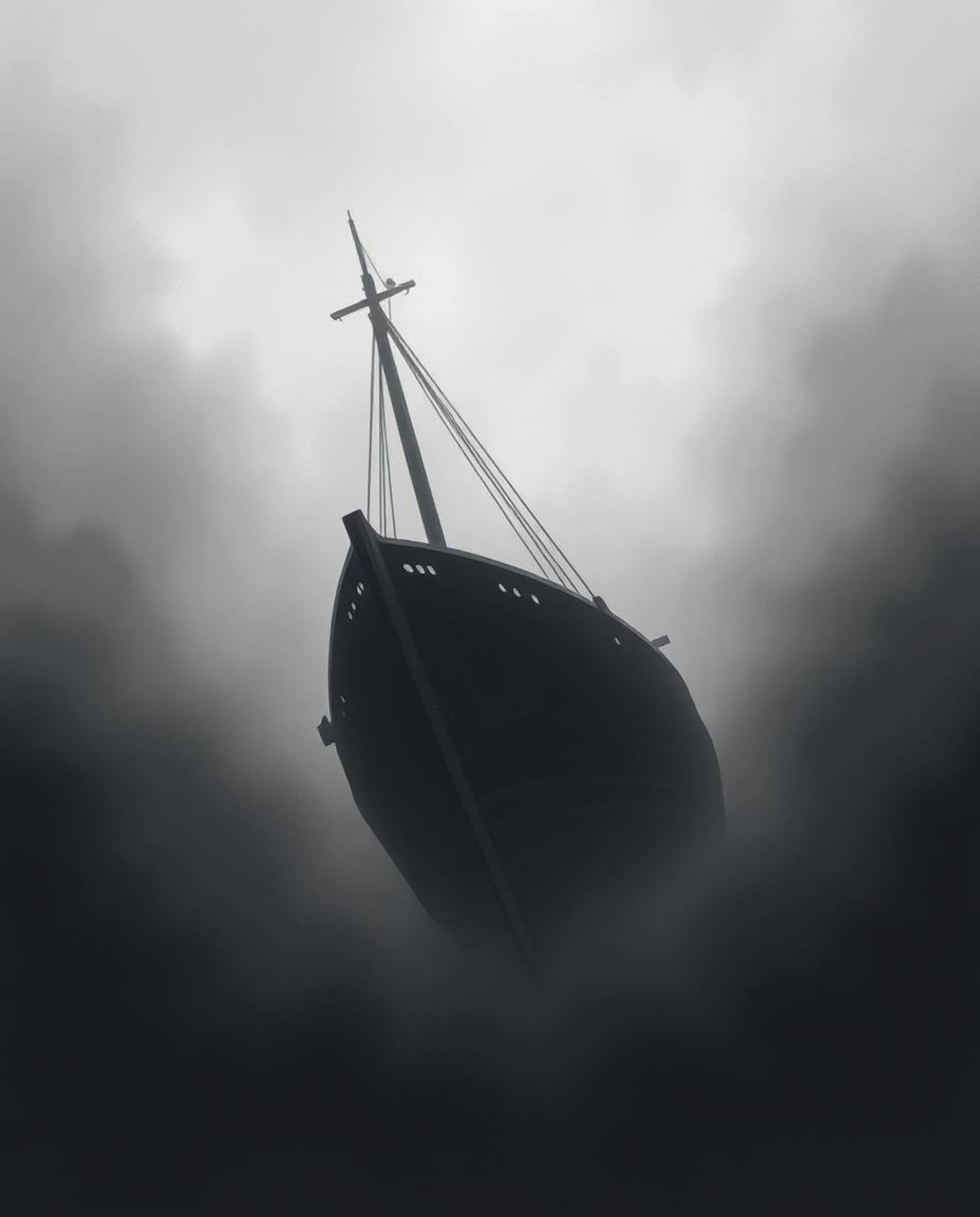 This artwork portrays a classic black and white illustration of a timeless shipwreck illuminated deep underwater, enveloped i
