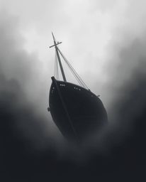 This artwork portrays a classic black and white illustration of a timeless shipwreck illuminated deep underwater, enveloped i