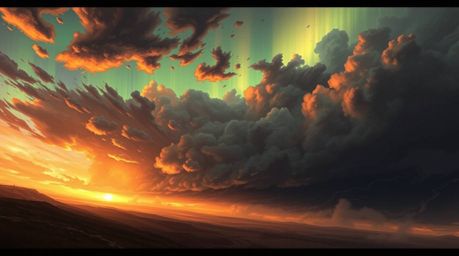 Capture the essence of a dramatic and stormy weather scene bathed in a warm golden glow, inspired by the mesmerizing aurora b