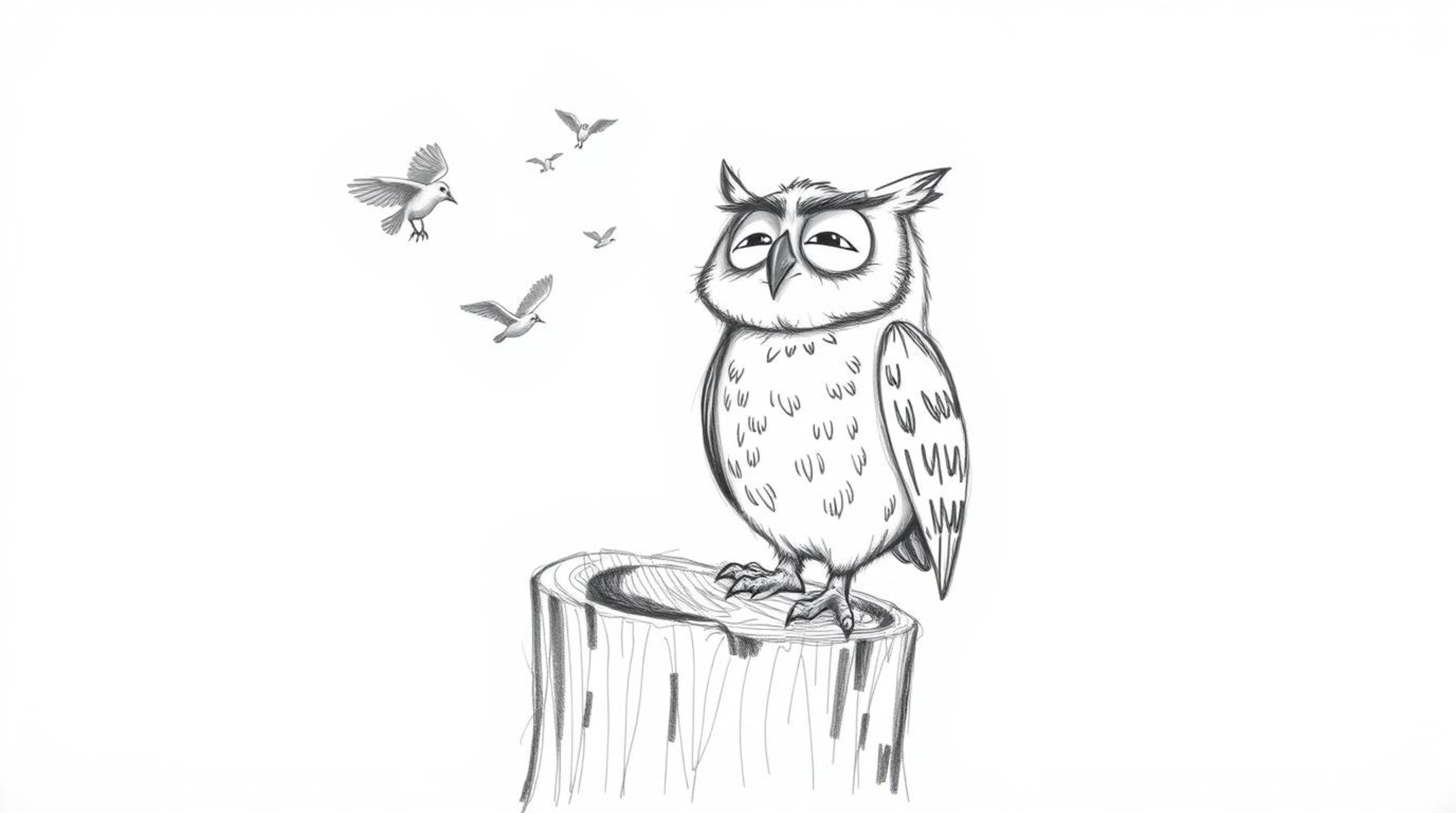 A heartwarming, hand-drawn sketch in the iconic Pixar style depicts a blind owl with deeply expressive wrinkles. Perched on a