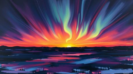 A bold acrylic painting depicts the Northern Lights emerging over a vibrant sunset sky.  The artwork showcases strong contras