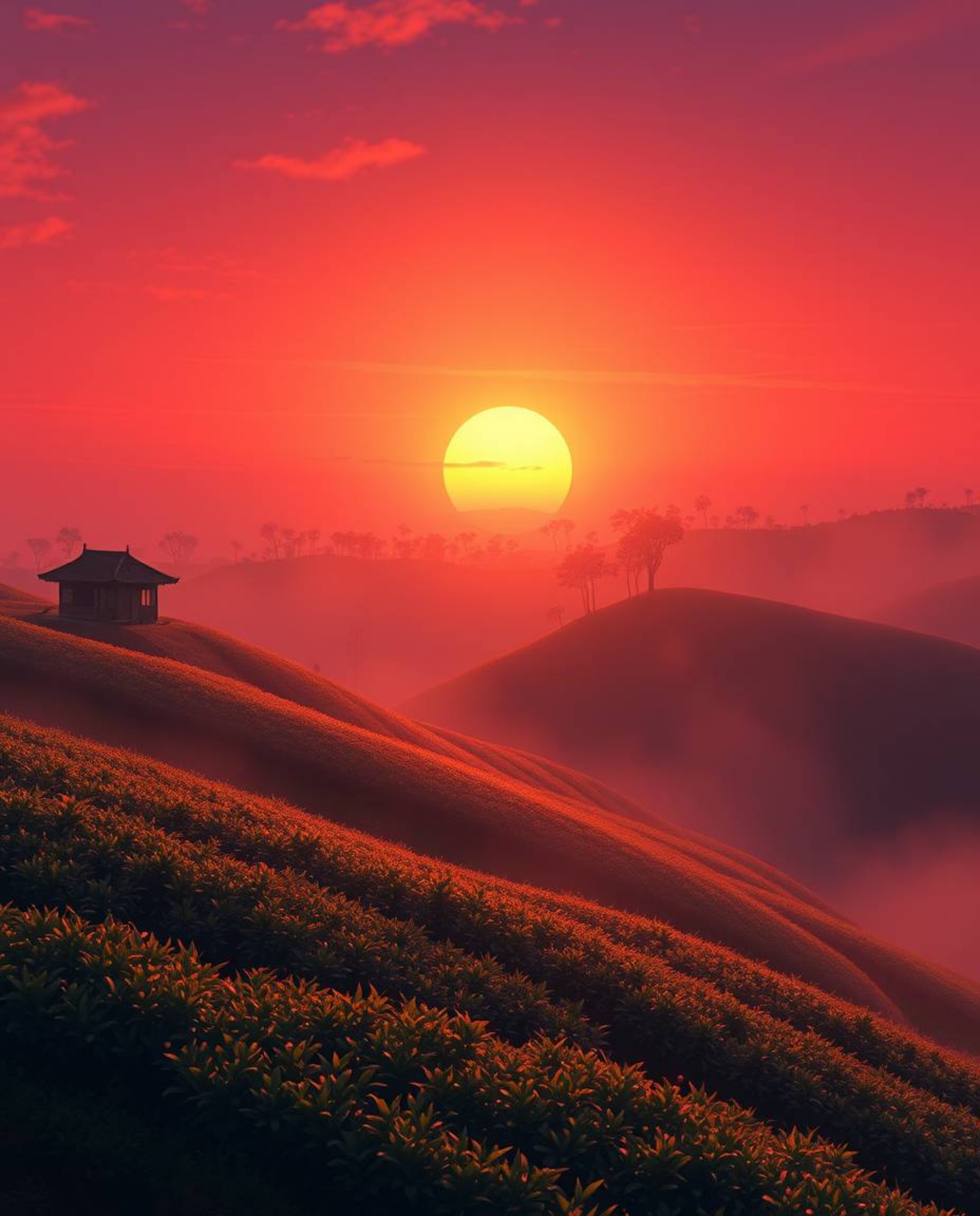 An Isekai anime-style depiction of a sunset over terraced tea plantations. The scene is characterized by a soft cinematic haz