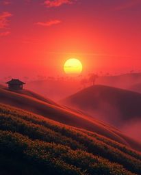 An Isekai anime-style depiction of a sunset over terraced tea plantations. The scene is characterized by a soft cinematic haz