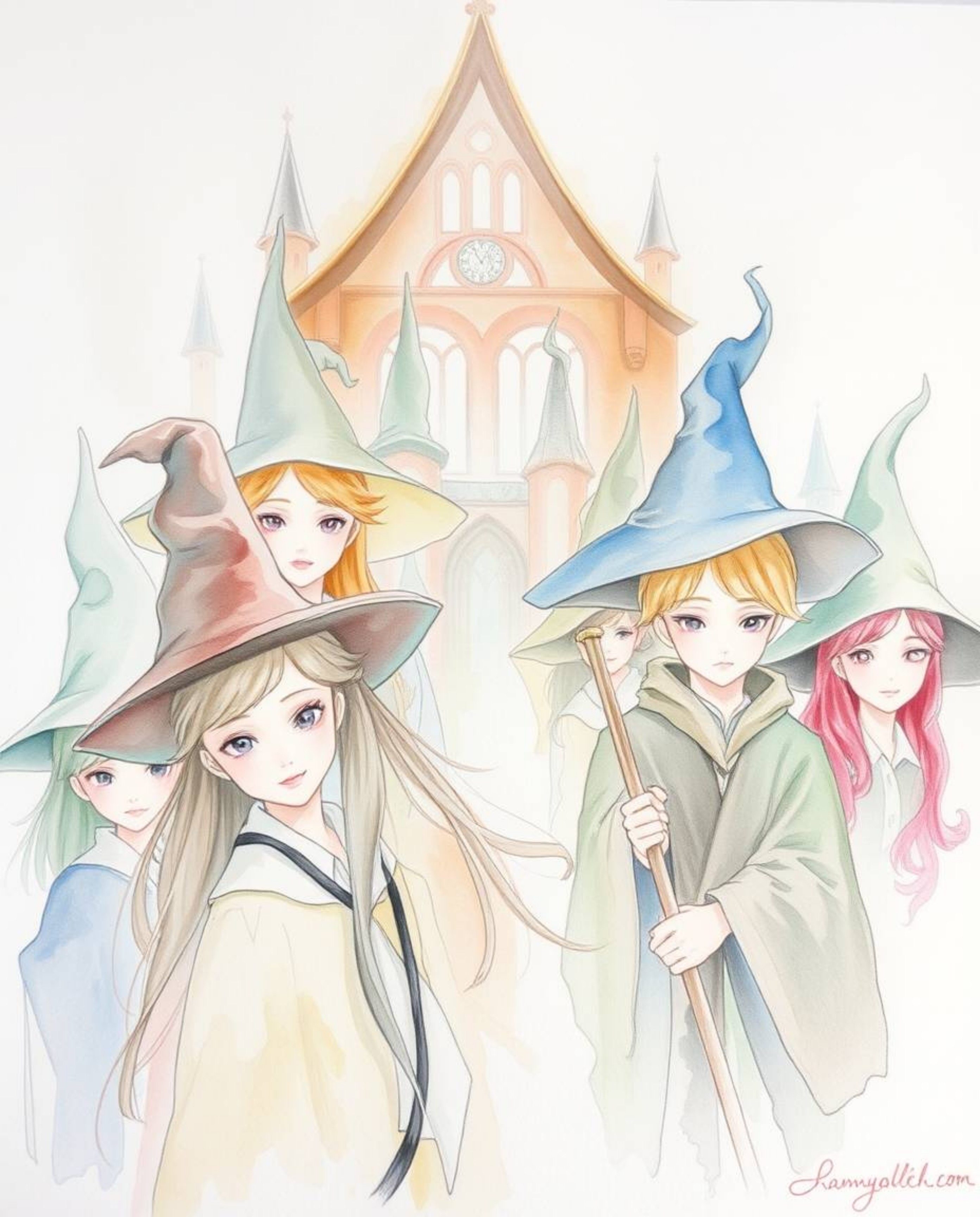 Immerse yourself in a delicate watercolor painting depicting a magical school teeming with young wizards. This piece showcase