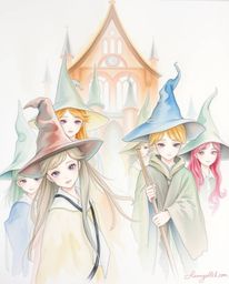 Immerse yourself in a delicate watercolor painting depicting a magical school teeming with young wizards. This piece showcase