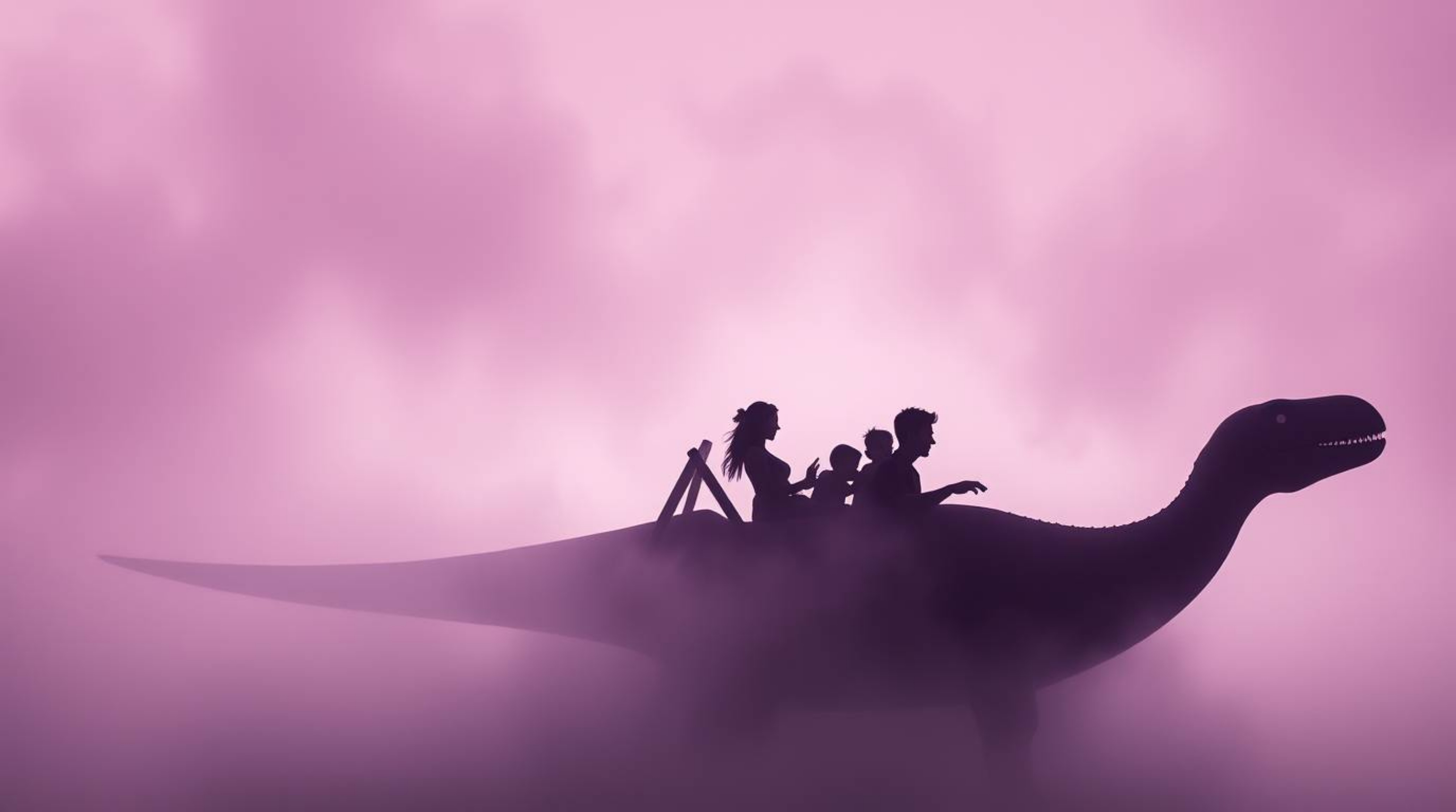 A prehistoric family enjoys a thrilling ride on a dinosaur car, silhouetted against a thick, swirling fog.  The scene is a vi