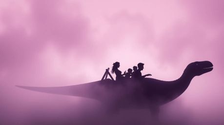 A prehistoric family enjoys a thrilling ride on a dinosaur car, silhouetted against a thick, swirling fog.  The scene is a vi