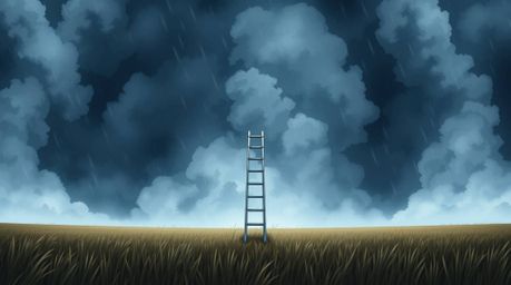 Explore an isekai anime-inspired minimalist scene featuring a silver ladder standing in an open field under a dramatic, storm