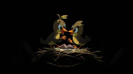 This artwork depicts two cartoon birds diligently building a nest in a classic animation style, characterized by contrasting 