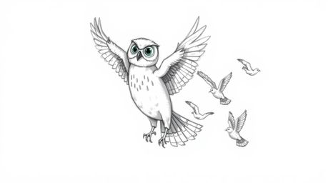 A charming, hand-drawn Pixar-style sketch depicts a blind owl with textured pencil strokes for feathers, gracefully leading a