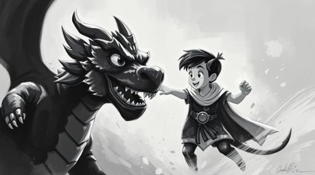 A captivating black and white acrylic painting showcasing a charming prince with defined features in a heroic battle against 