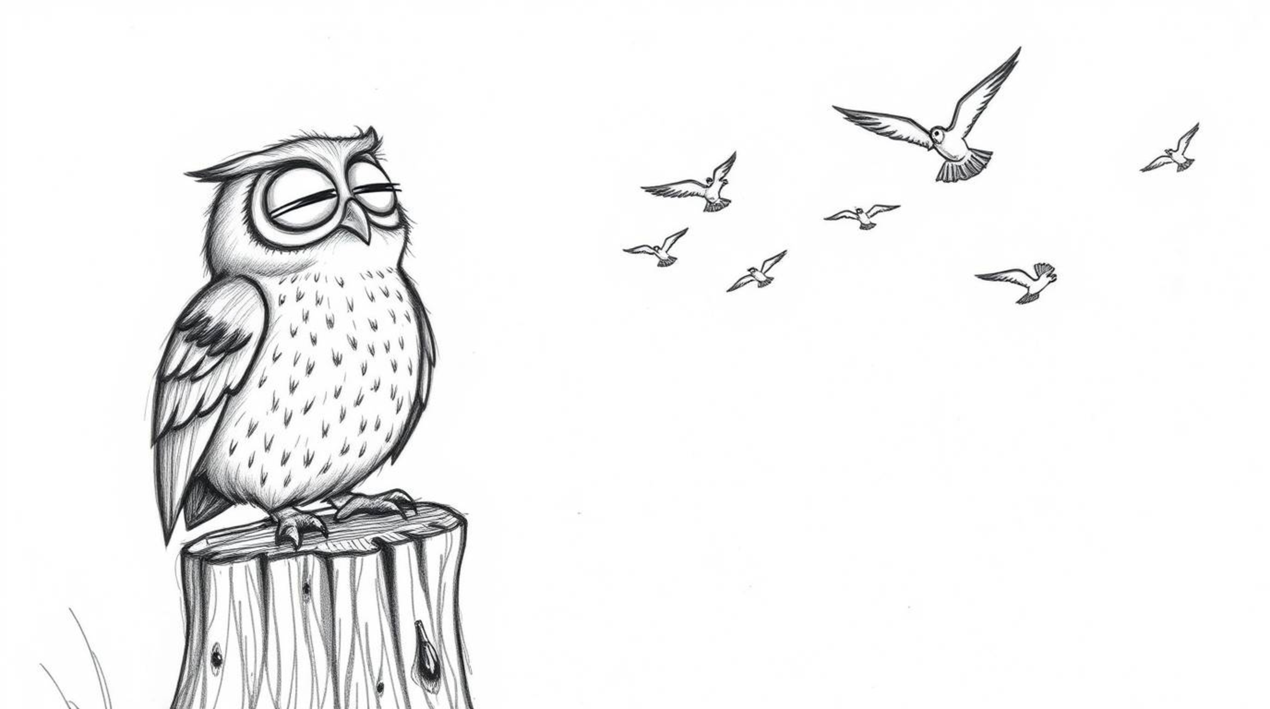 A hand-drawn sketch inspired by Pixar depicts a joyful blind owl perched on a tree stump, enthusiastically cheering on a grou