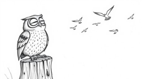 A hand-drawn sketch inspired by Pixar depicts a joyful blind owl perched on a tree stump, enthusiastically cheering on a grou