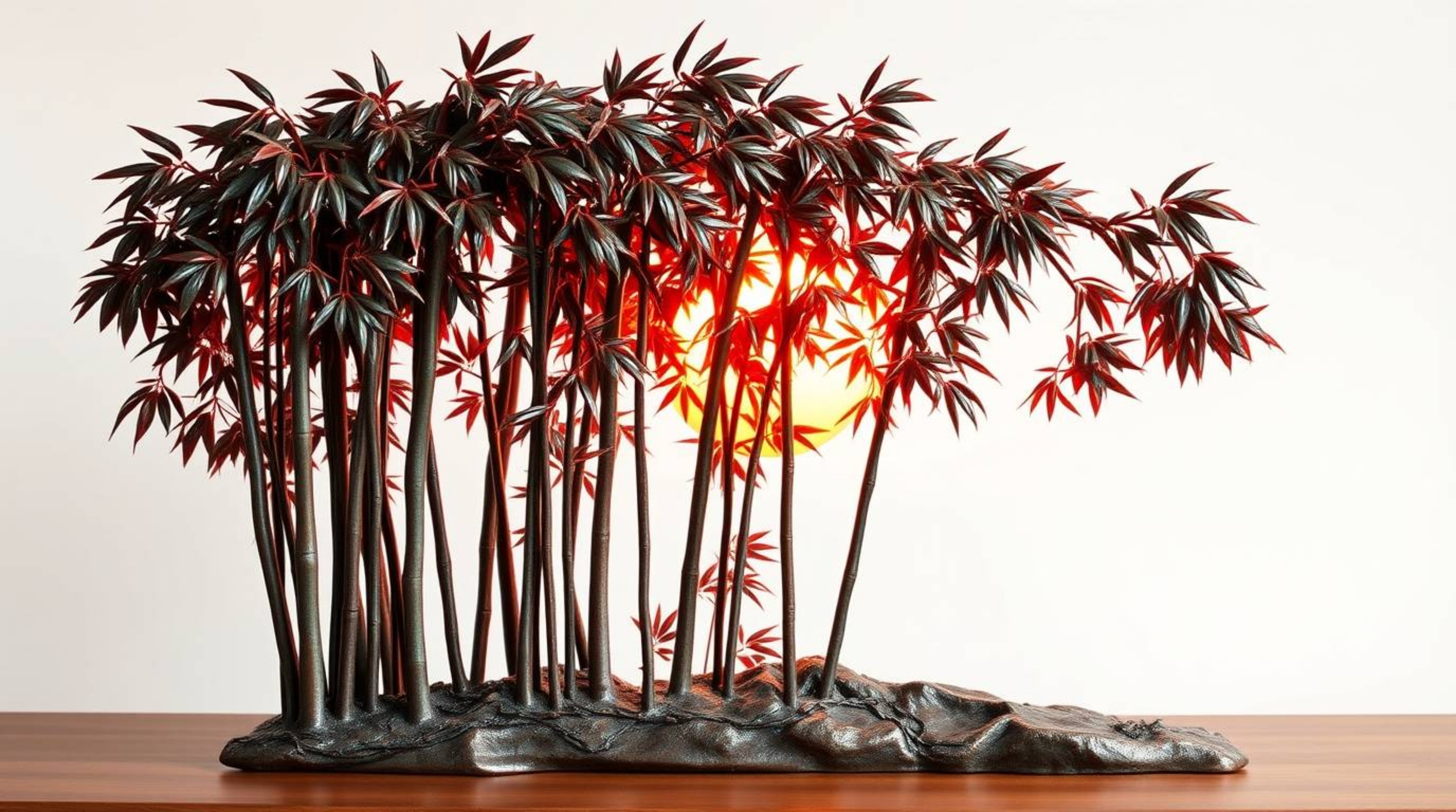 This cast bronze sculpture depicts a vibrant bamboo forest bathed in warm sunset light, utilizing complementary colors to cre
