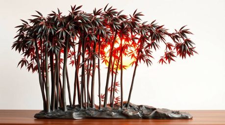 This cast bronze sculpture depicts a vibrant bamboo forest bathed in warm sunset light, utilizing complementary colors to cre