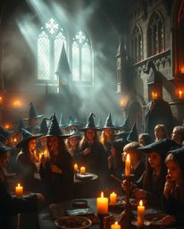 Discover a magical school brimming with young wizards, enveloped in a warm, dreamy atmosphere.  Imagine soft, hazy light and 