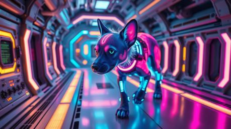 Imagine a futuristic dog with bioluminescent fur, glowing with vivid electric colors, confidently walking itself on a space s
