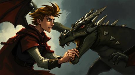 Experience a strong, moody digital sketch depicting a charming prince with intense features battling a fearsome dragon. Craft