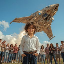 A heartwarming and visually stunning high fashion photography scene depicting a young boy's boundless imagination. The photo 