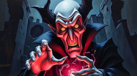 A captivating acrylic painting depicting a classic Disney villain with sharp features and pale skin, immersed in the act of c