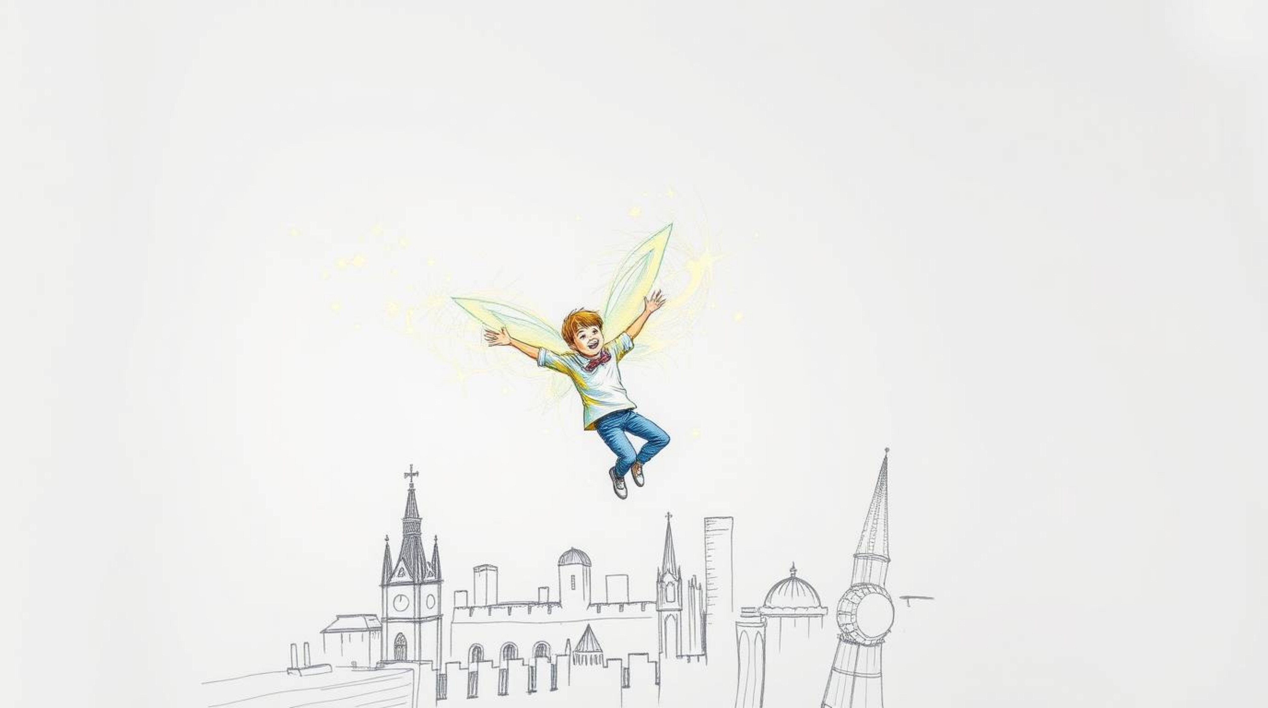 A captivating hand-drawn sketch depicts a young boy soaring above London, propelled by magical pixie dust. The illustration s