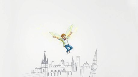 A captivating hand-drawn sketch depicts a young boy soaring above London, propelled by magical pixie dust. The illustration s